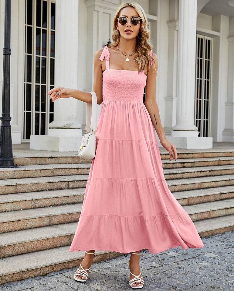 Rosa ärmelloses Sommerkleid Damen Maxikleid mit Bindeträgern und gesmoktem Oberteil in A-Linie