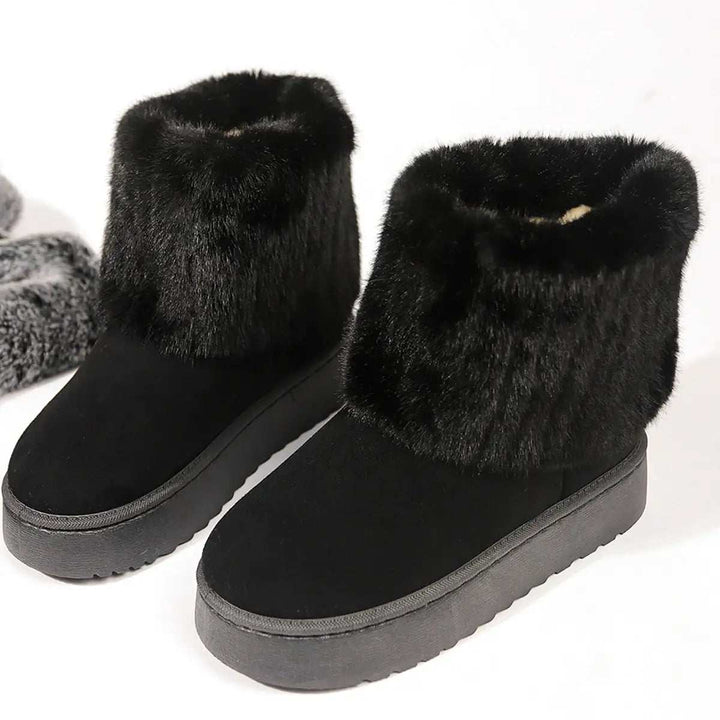 Herbst- und Winter-Freizeitstiefel Damen aus Wildleder mit dickem Fellfutter und runder Spitze in Schwarz