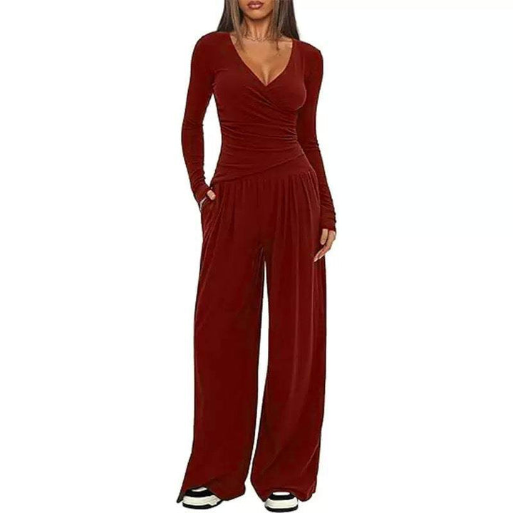 Rotes Wickel-Oberteil mit langen Ärmeln und weite Marlenehose, Damenmode, IsabellBoutique030