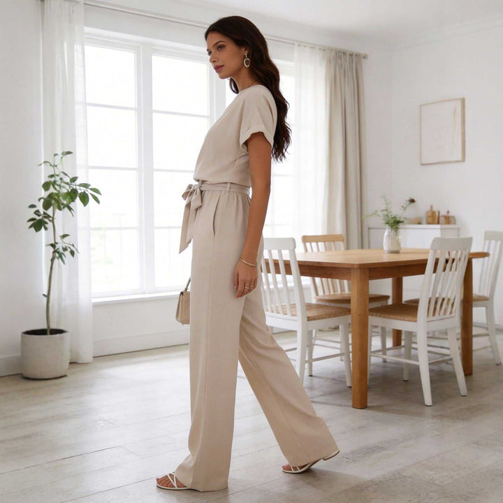 Eleganter Damen Sommer-Jumpsuit Wide-Leg Beige, lässiger Einteiler für Sommer und Freizeit
