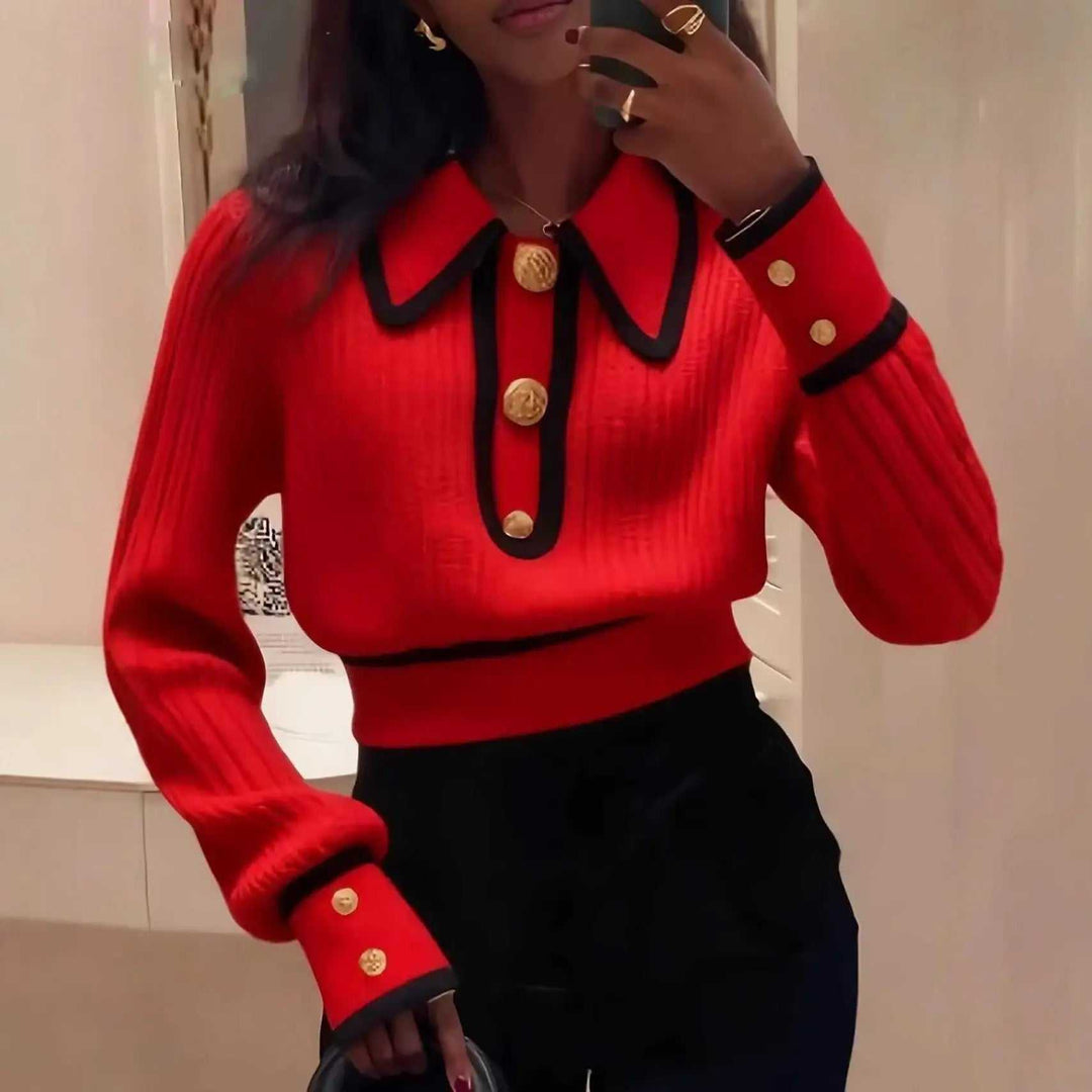 Designer-inspirierter Damen Pullover mit auffälligem Colorblock-Design in Rot, Gelb, Grün, Schwarz und Apricot für Herbst und Winter