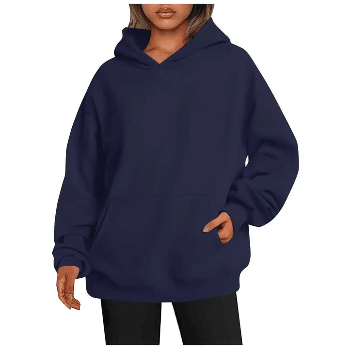 Damen Hoodie Oversize mit Kapuze und Taschen in einfarbigem Design