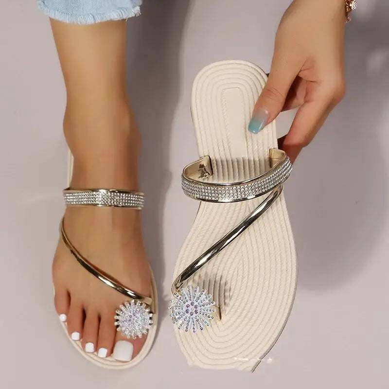 Sommer Sandalen Damen große Größen mit Strassblumen-Muster und weichem Kunstleder innen