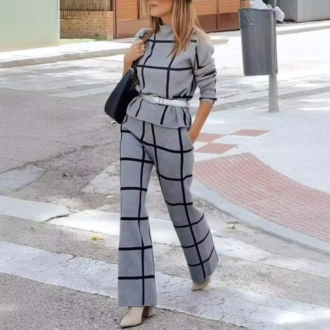 Damen Rollkragen Langarm Kariertes Print-Hosenanzug Set - Damenmode online kaufen | Isabell Boutique