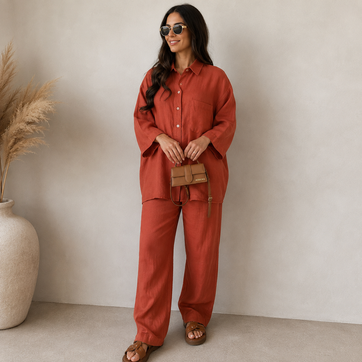 Damen Zweiteiler mit lockerem Langarmhemd und weitem Bein – lässiges Set aus Polyester