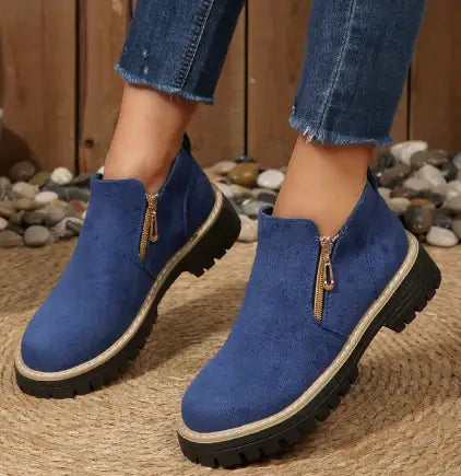 Damen Chunky Ankle Winter Schuhe mit Reißverschluss in Wildleder-Optik und profilierter Gummisohle für Herbst und Winter