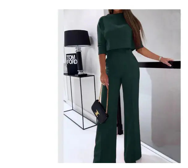 Modisches Oberteil mit Schrift-Print und High Waist weiter Hose in verschiedenen Farben