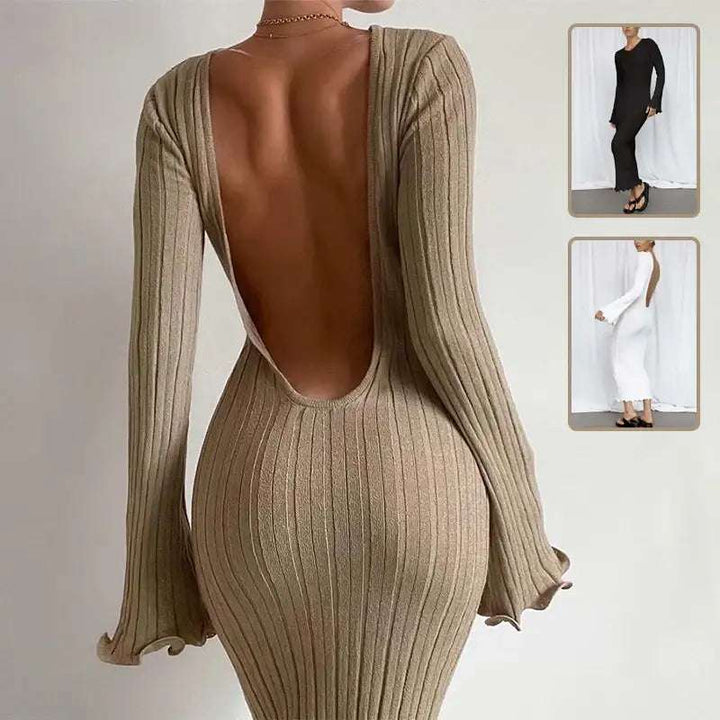 Figurbetontes Maxi-Strickkleid mit Rüschen und rückenfreiem Design für Party und Strand