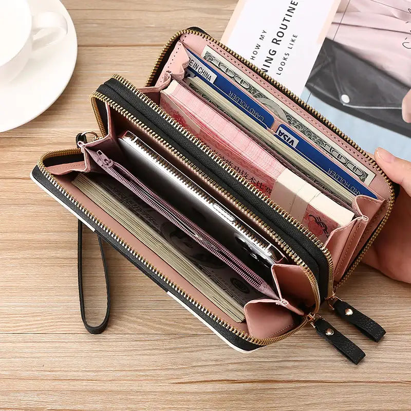 Lange Geldbörse Clutch mit Reißverschluss, Münzfach und Handytasche in Schwarz und Kaffee