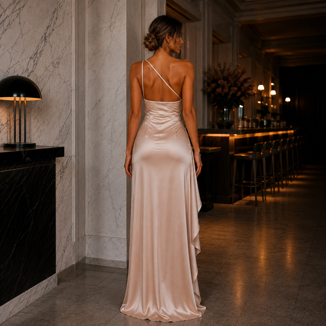 Exklusives satinfarbenes Satin-Abendkleid mit One-Shoulder-Design und elegantem Beinschlitz