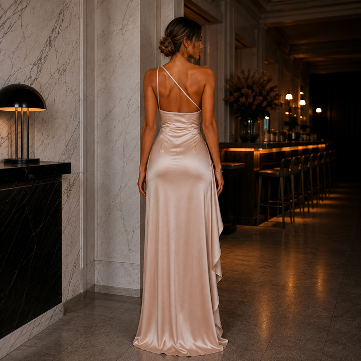 Exklusives satinfarbenes Satin-Abendkleid mit One-Shoulder-Design und elegantem Beinschlitz