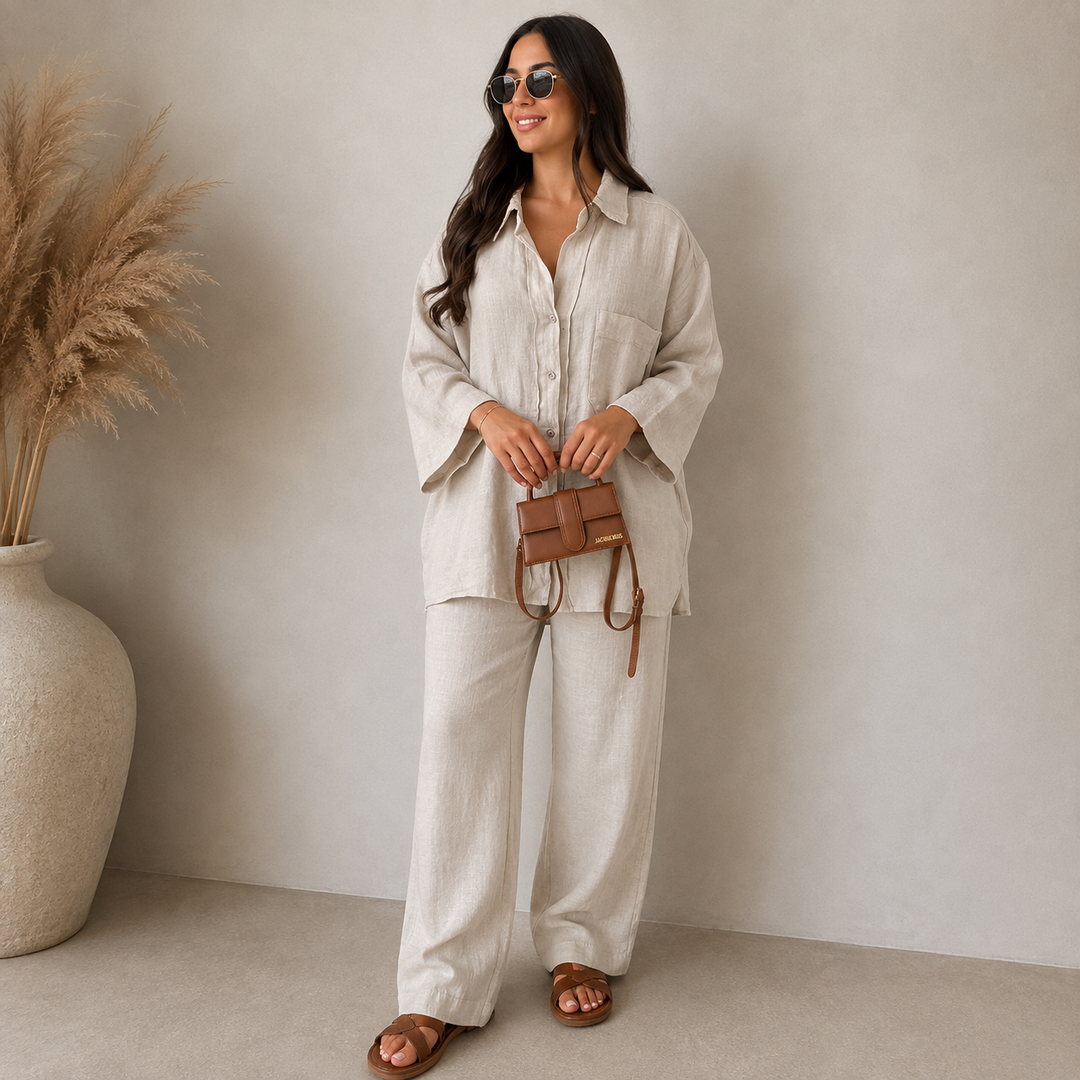Damen Zweiteiler aus lockerem Langarmhemd und weiter Hose für lässigen Komfort und modernen Look