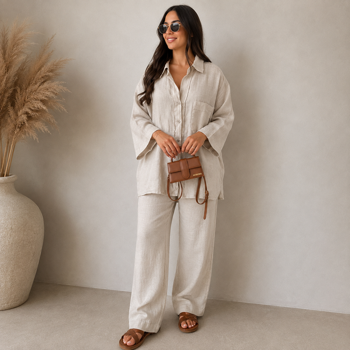 Damen Zweiteiler aus lockerem Langarmhemd und weiter Hose für lässigen Komfort und modernen Look