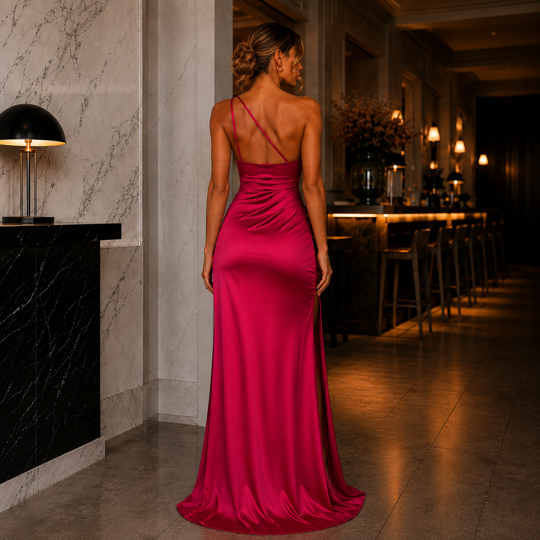 Elegantes Satin-Abendkleid mit One-Shoulder-Design und Beinschlitz in luxuriösem Glanz