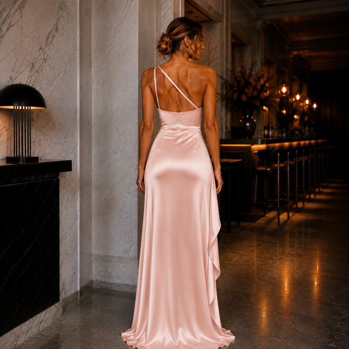 Elegantes satin-abendkleid mit one-shoulder-design und beinschlitz in luxuriösem satinstoff