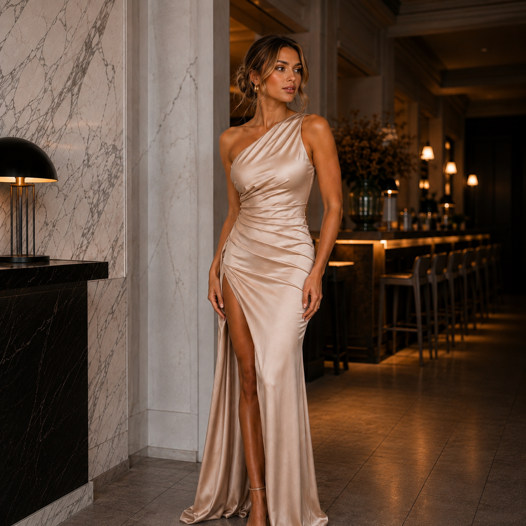 Elegantes Satin-Abendkleid mit One-Shoulder-Design und Beinschlitz in fließendem Satin