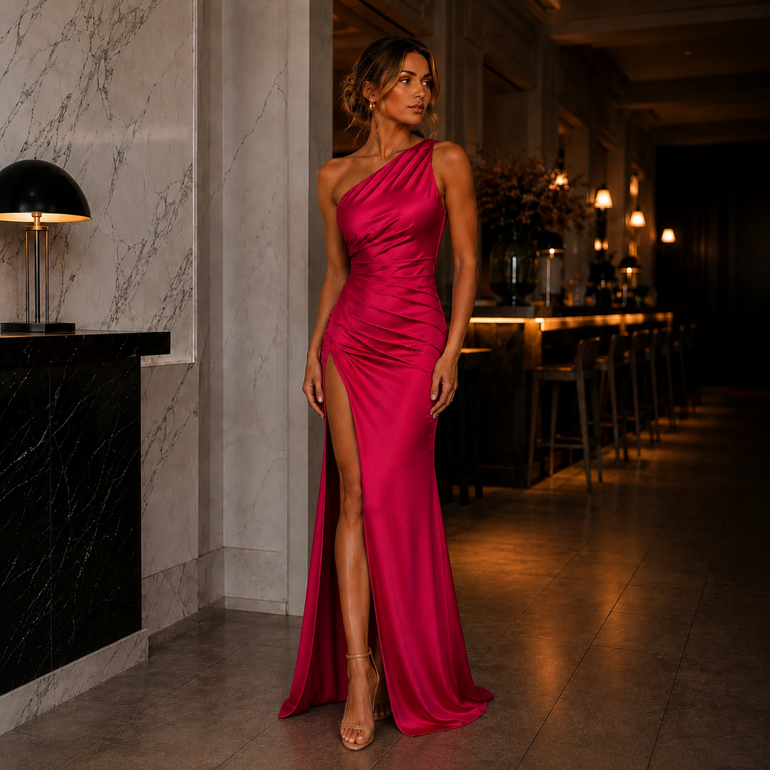 Elegantes Satin-Abendkleid mit One-Shoulder-Design und Beinschlitz in Satin-Optik