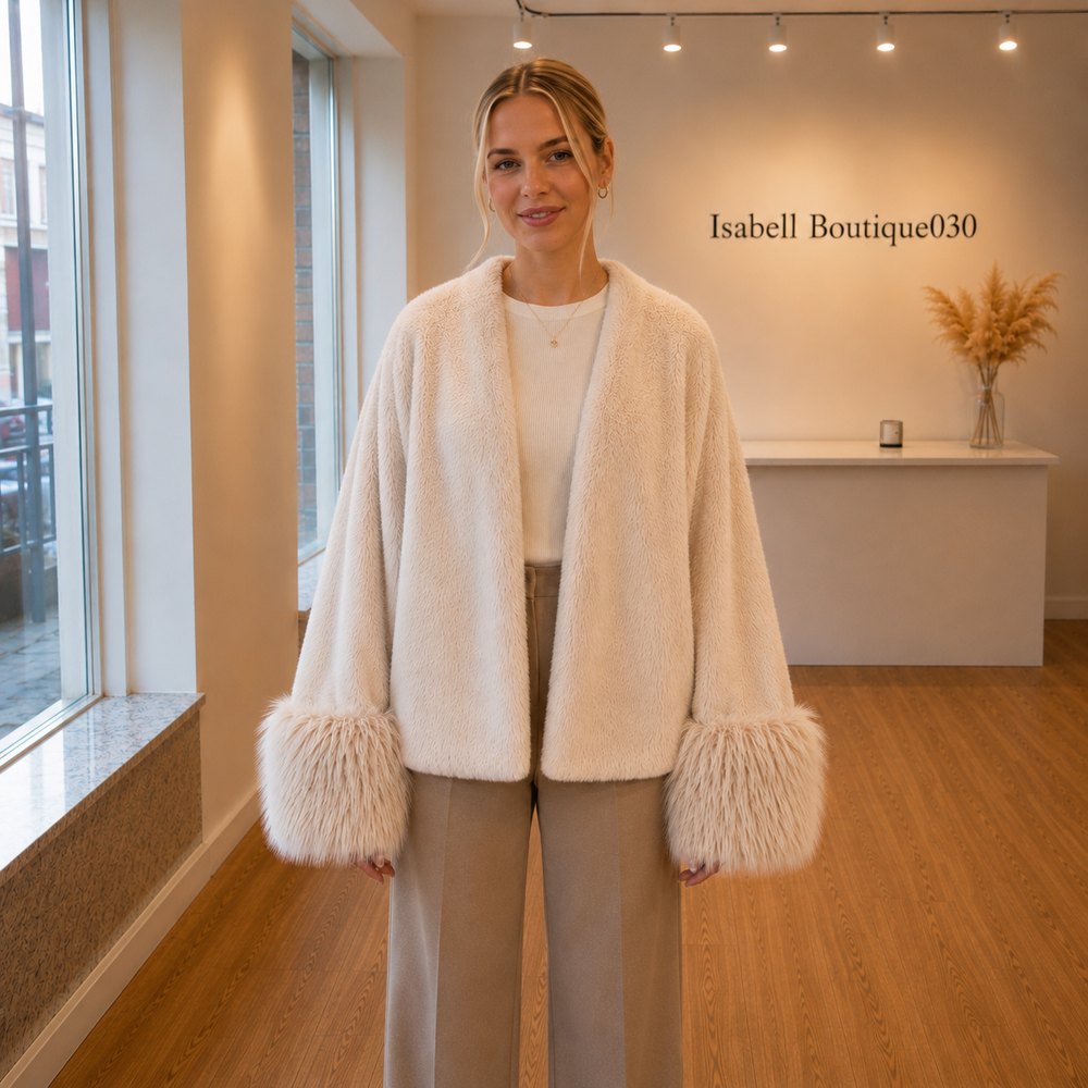 Eleganter Damenmantel in Beige mit Kunstfellkragen im Oversize-Teddy-Stil, Herbstmode 2026