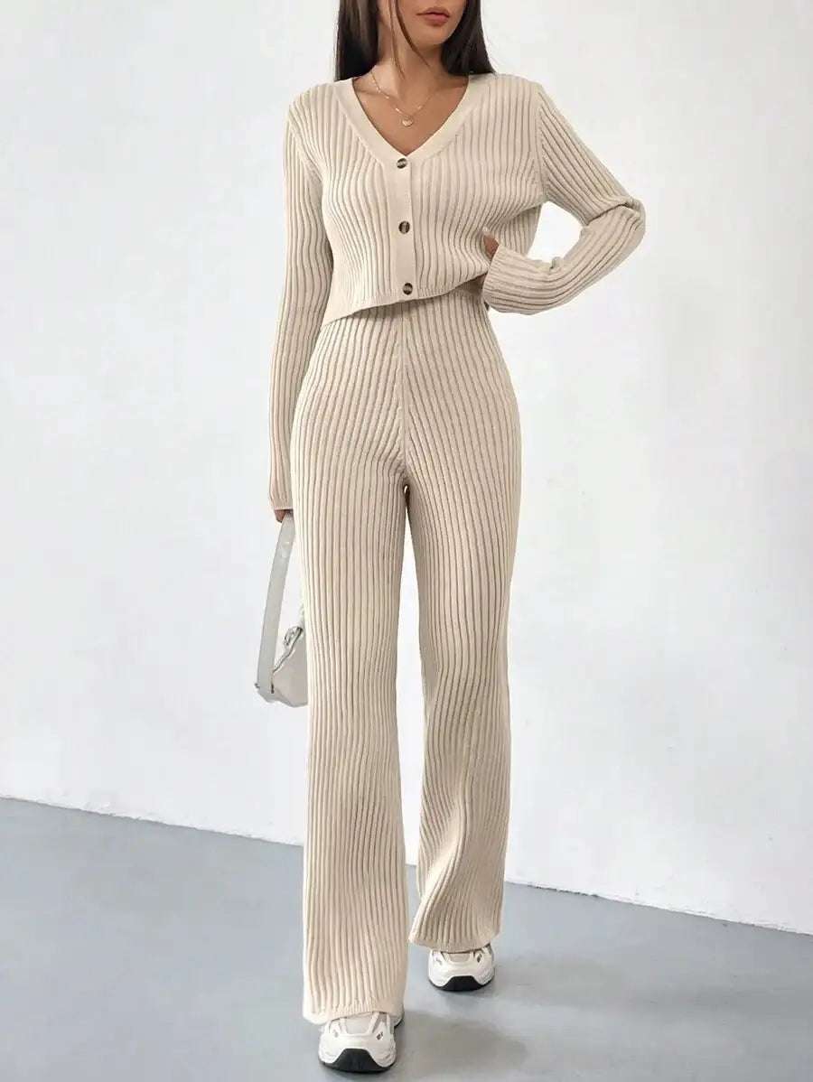 Einfarbiges Damen-Zweiteiler-Set mit V-Ausschnitt, kurzem Cardigan und Bootcut-Hose für vielseitige Freizeitmode