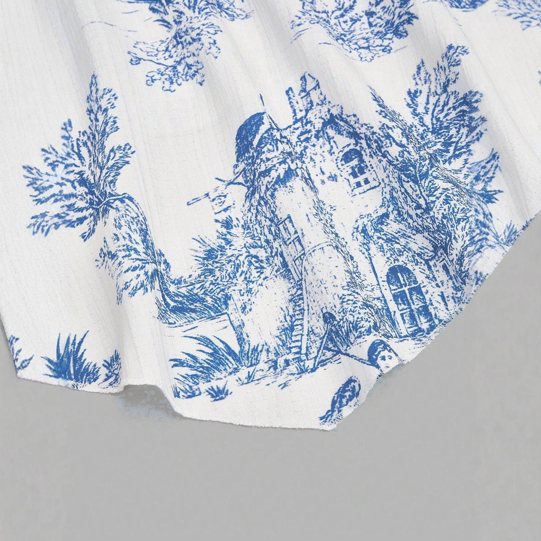 Bedrucktes ärmelloses Damen Top in Blau mit asymmetrischem Saum für den Sommer.