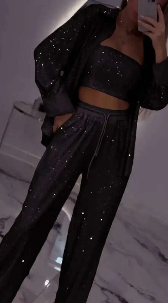 Eleganter schwarzer Pailletten-Dreiteiler Damen mit Jacke, Top und Hose für festliche Anlässe