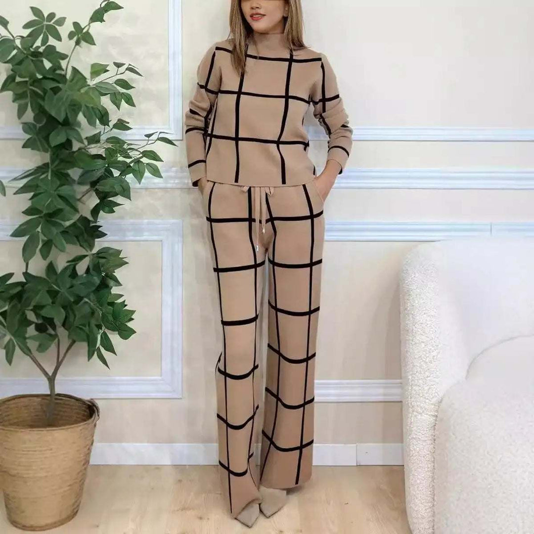 Damen Rollkragen Langarm Kariertes Print-Hosenanzug Set - Damenmode online kaufen | Isabell Boutique