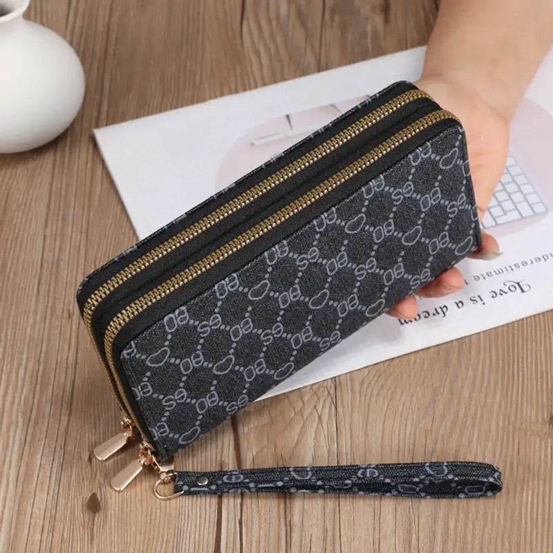 Lange Geldbörse Clutch mit Reißverschluss, Münzfach und Handytasche in Schwarz und Kaffee