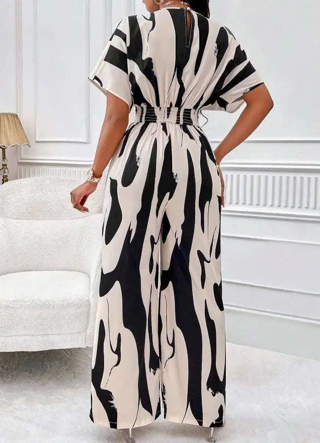 Locker Geschnittener Bedruckter Lang Jumpsuit mit V-Ausschnitt - Damenmode online kaufen | Isabell Boutique