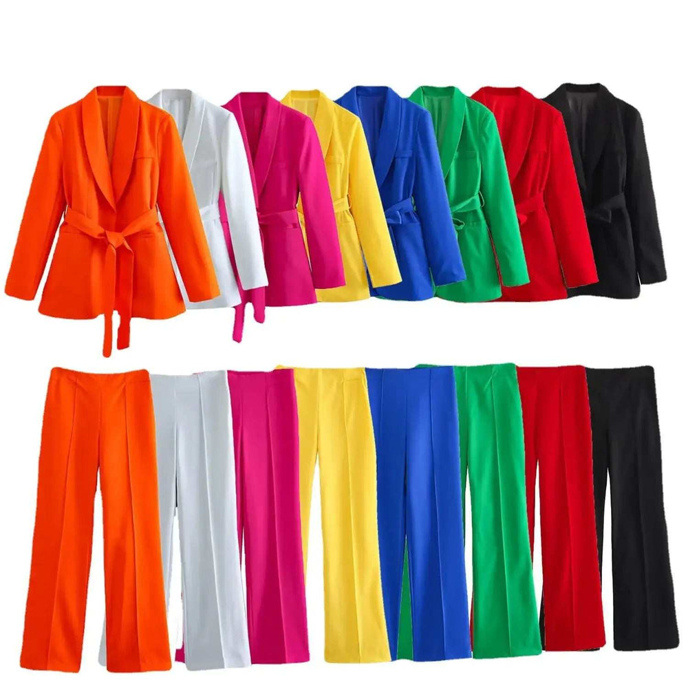 Damen Casual-Anzug mit Blazer, Hose und Gürtel für Büro und besondere Anlässe