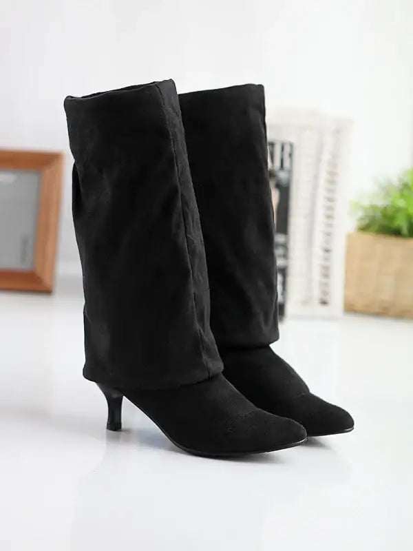 Damen Wildlederstiefel mit hohem Schaft und Stilettoabsatz in Übergröße, schwarz