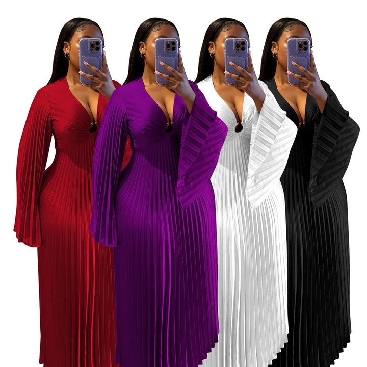 Schwarzes, rotes, lila und weißes Maxikleid mit V-Ausschnitt, Faltenrock und Glockenärmeln, IsabellBoutique030.