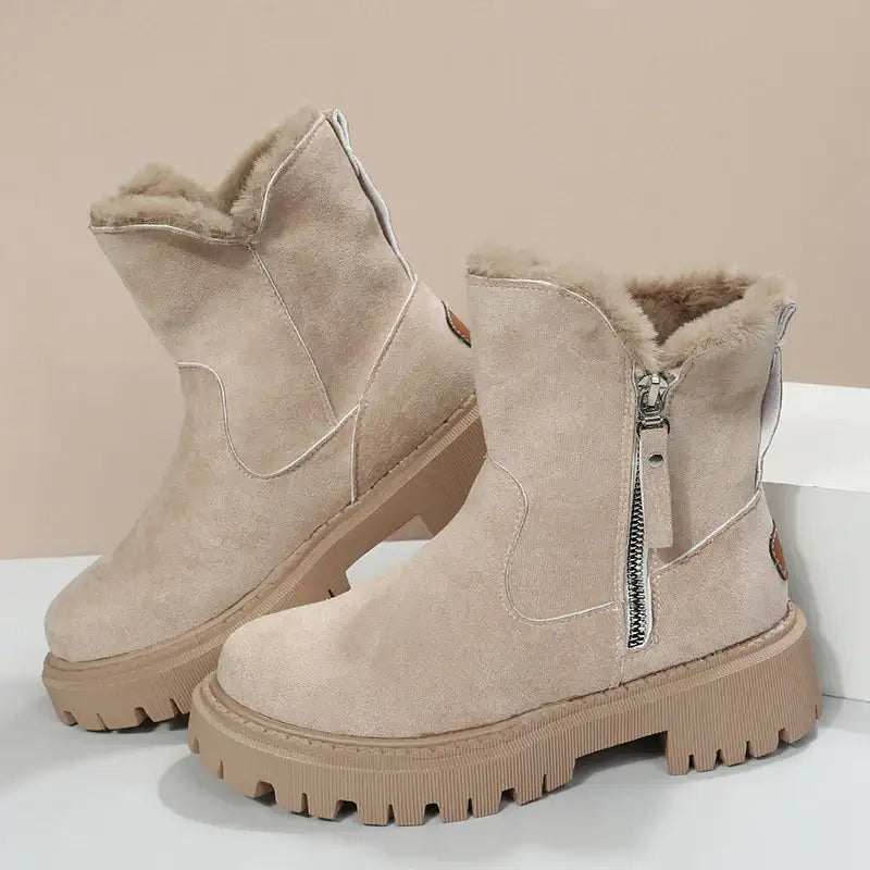 Warme Damen-Schneestiefel mit faltbarem Plüschschaft und Plateau-Sohle in Khaki