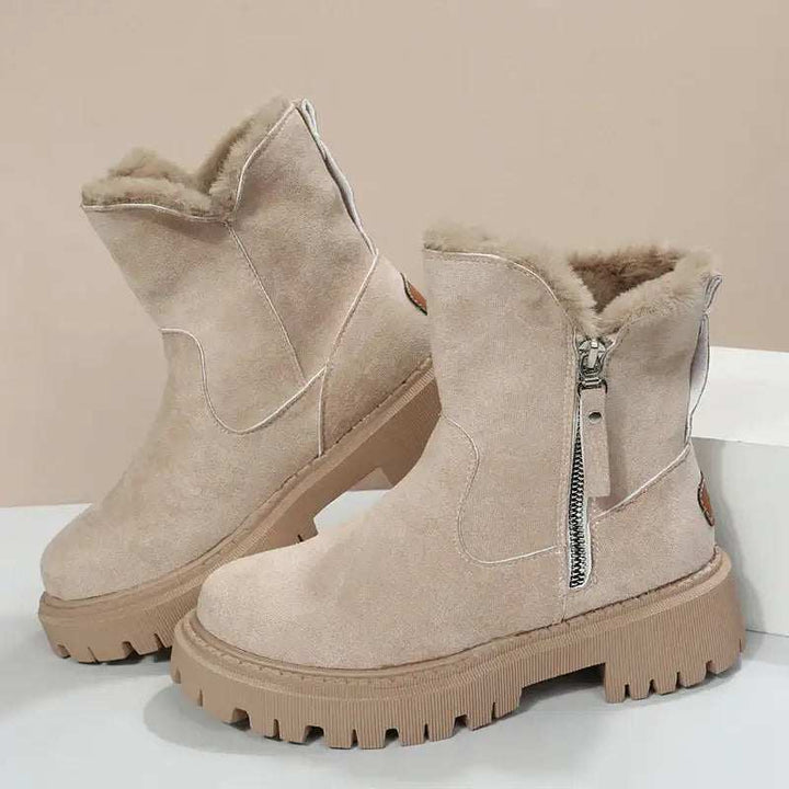 Warme Damen-Schneestiefel mit faltbarem Plüschschaft und Plateau-Sohle in Khaki