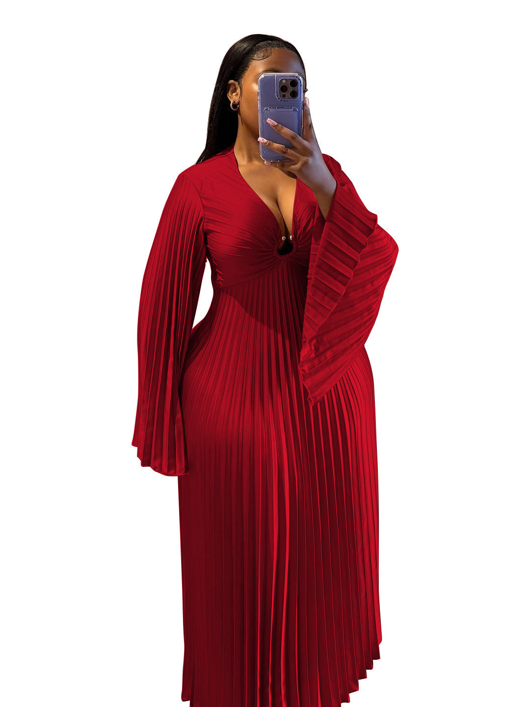 Rotes, plissee-verziertes Maxikleid mit tiefem V-Ausschnitt und Glockenärmeln. Eleganter Stil. IsabellBoutique030