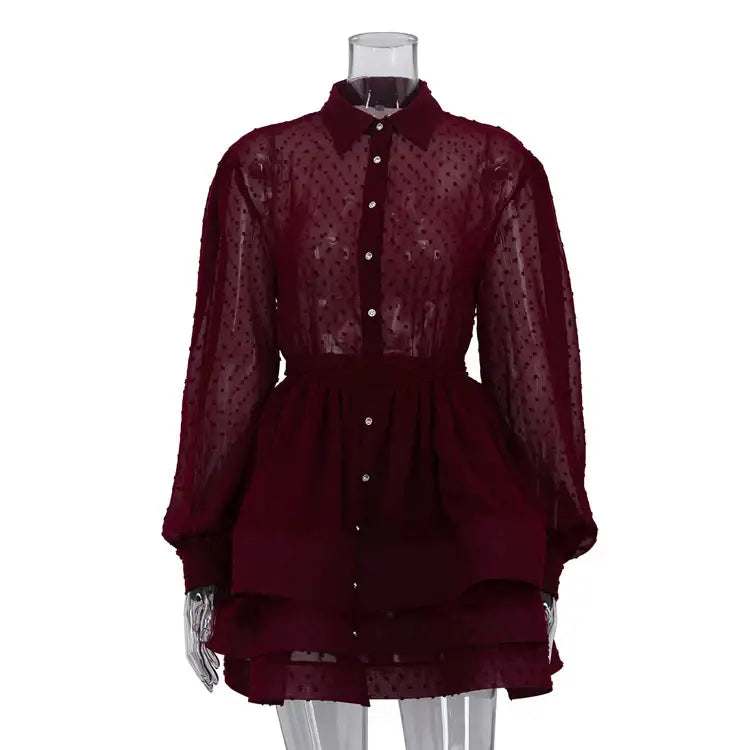 Elegantes Hemdblusenkleid mit Reverskragen in roter A-Linie und hoher Taille, langärmlig, klassisch und tailliert