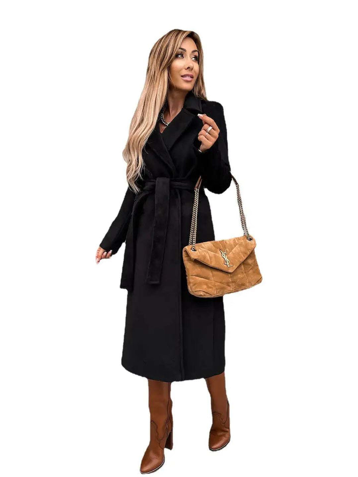 Eleganter Damen Wollmantel mit V-Ausschnitt und Schnürdetail in verschiedenen Farben