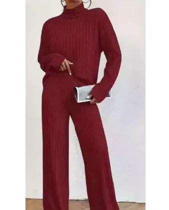 Roter Rollkragen-Strickpullover und Hose im Rippstrick-Look, weites Bein, IsabellBoutique030