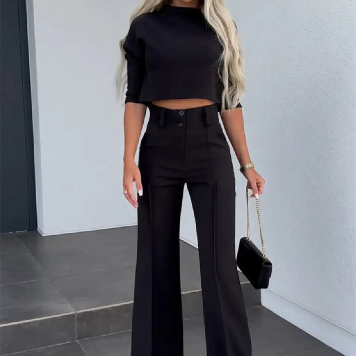 Modisches Oberteil mit Schrift-Print und High Waist weiter Hose im zweiteiligen Set