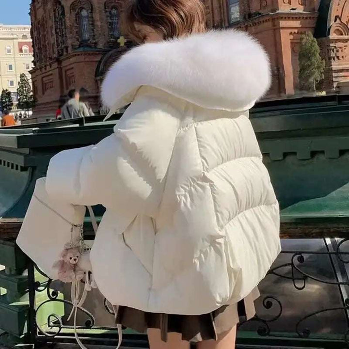 Damen Winter-Steppjacke mit Fellkragen, kurz, dick gefüttert und warm, modisch mit Fledermausärmeln und Reißverschluss