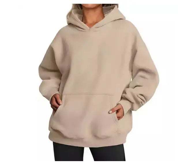 Damen Hoodie oversize mit Kapuze und Taschen in einfarbigem Design