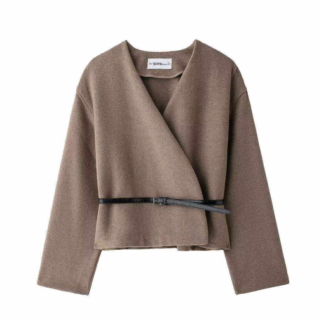 Schickes V-Neck Top Damen in lockerer Passform, unifarben, langärmlig, mit Gürtel und Patchwork-Design in Kaffee und Schwarz