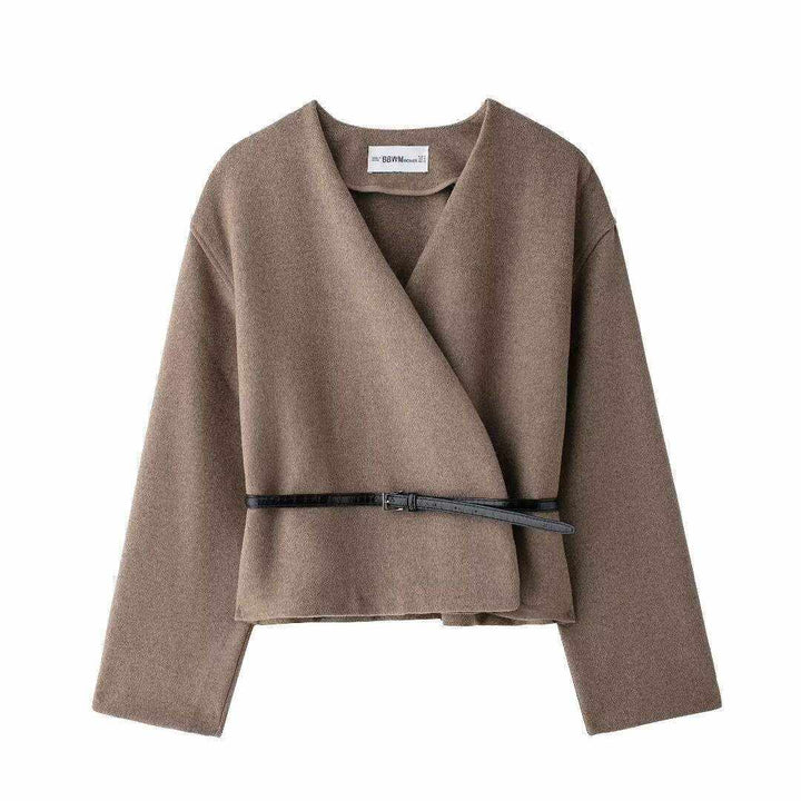 Schickes V-Neck Top Damen in lockerer Passform, unifarben, langärmlig, mit Gürtel und Patchwork-Design in Kaffee und Schwarz