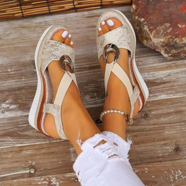 Damen Plateau-Keilsandalen im römischen Stil mit glitzerndem Paillettenstoff und Peep-Toe
