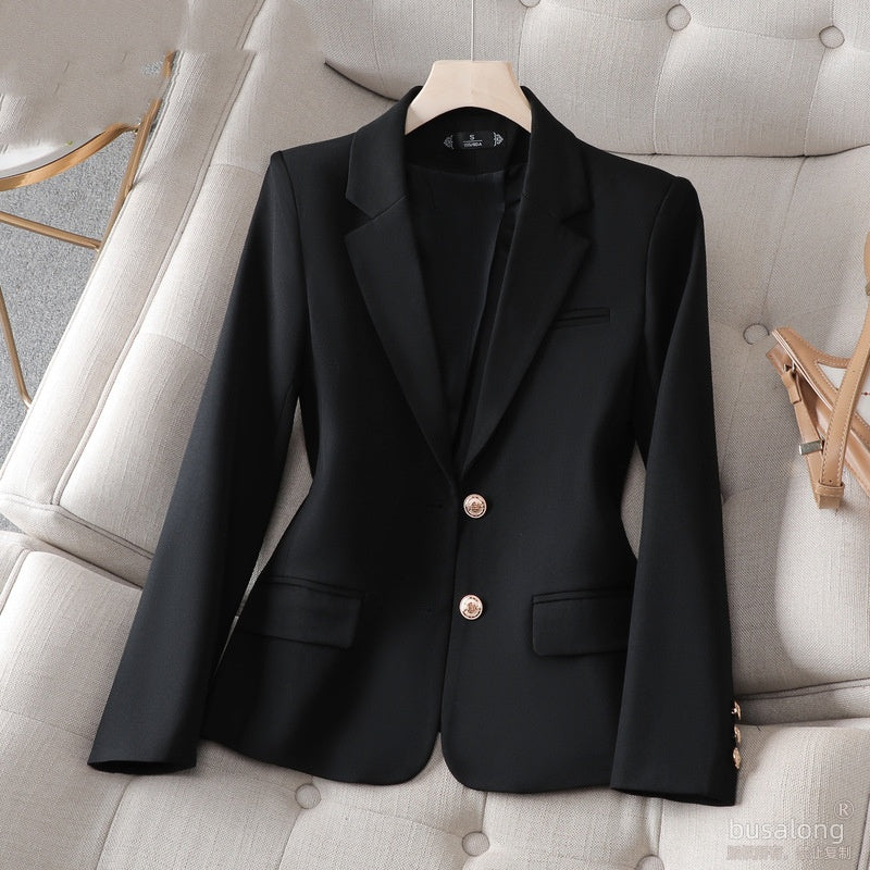Schwarzer Damen-Blazer mit zwei Knöpfen und goldenen Details, klassischer Schnitt, IsabellBoutique030