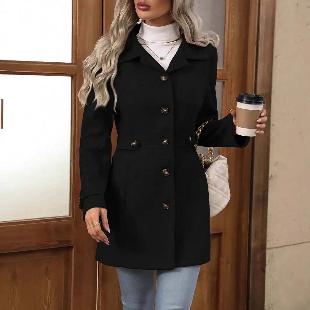 Eleganter mittellanger Damen Wollmantel mit Reverskragen und einreihiger Knopfleiste in verschiedenen Farben