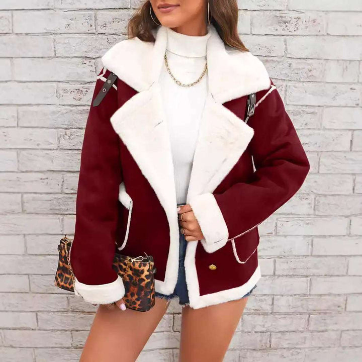 Damen Winterjacke aus Plüsch mit Polokragen in Kaffee, warm und lässig