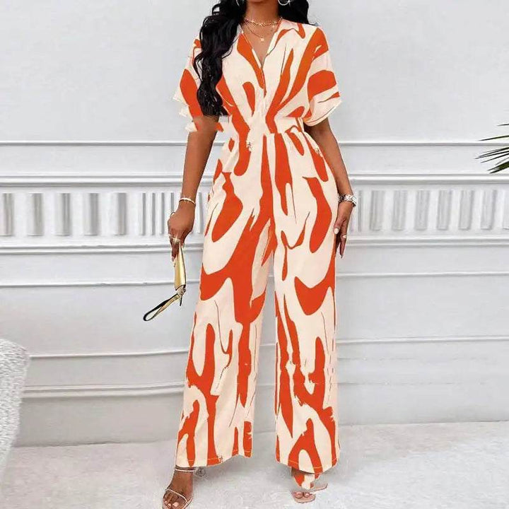 Locker Geschnittener Bedruckter Lang Jumpsuit mit V-Ausschnitt - Damenmode online kaufen | Isabell Boutique