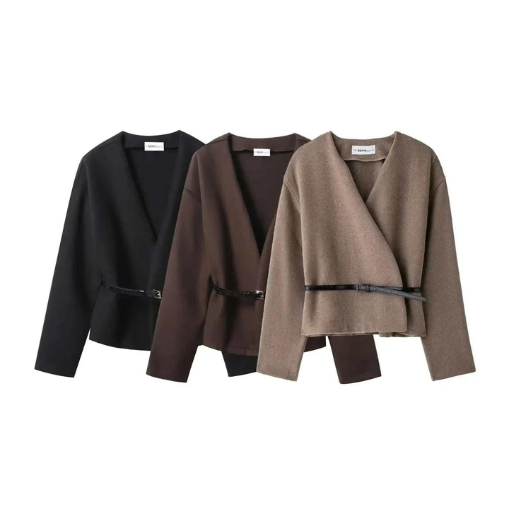 Stylisches V-Neck Top Damen mit lockerem Schnitt, langärmlig und unifarben in Kaffee und Schwarz, mittellang und mit Gürtel detail, perfekt für Alltag und Streetwear