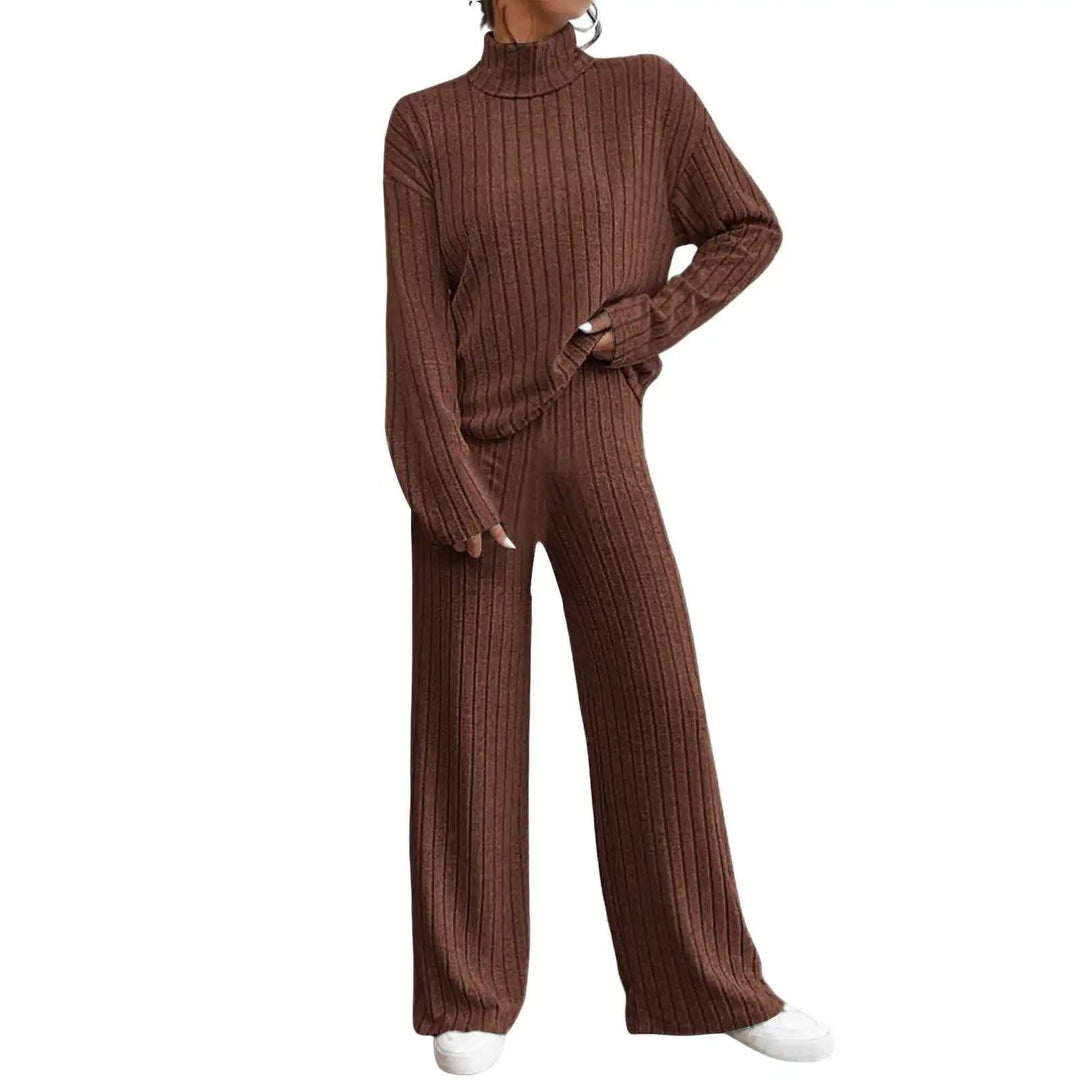 Braunes Strick-Set mit Rollkragenpullover und weiten Hosen, gerippter Stoff, Freizeitkleidung, IsabellBoutique030