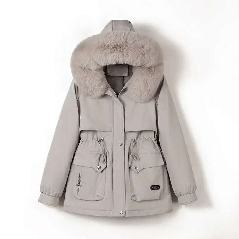Elegante Damen Winterjacke mit fest integriertem Fellkragen in verschiedenen Farben und dicker Wattierung für optimalen Kälteschutz